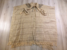 Vintage Virgin Wool Blanket Poncho OS Western Aztec Fringe Boho Brown Shawl EUC