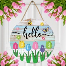 Hello Spring Wooden Hanging Sign Rustic Tulip Flower Front Door Wreath Farmho...