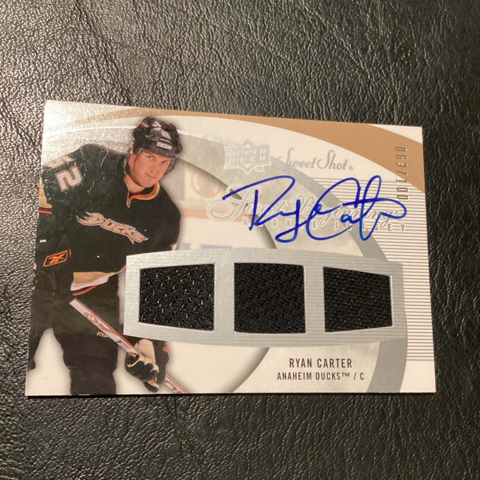 Ryan Carter 2007-08 UD Sweet Shot Auto Sweet Beginnings Rookie Jersey /100 DUCKS