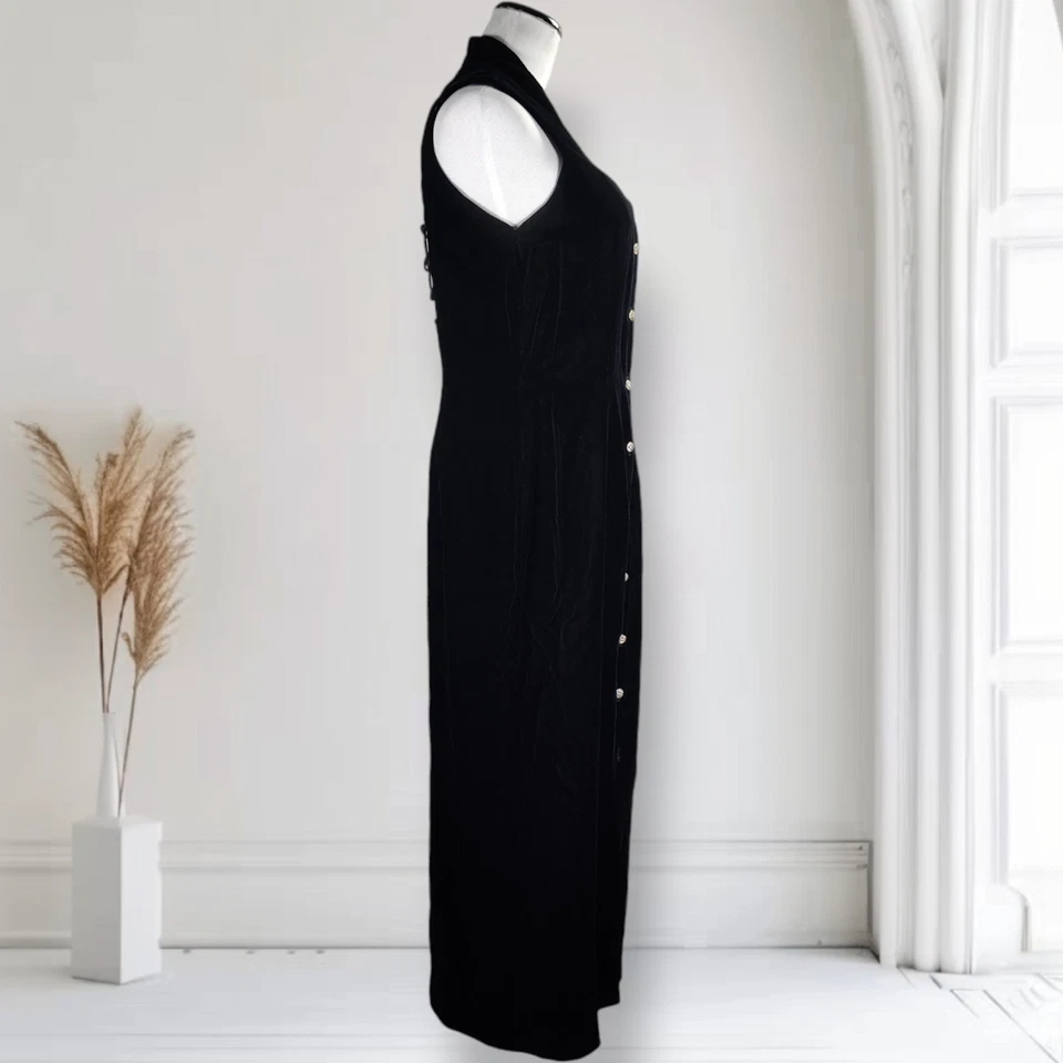 Vintage 90s Black Velvet Evening Dress 12 Backless Strap Detail Formal Gown - Image 3 of 4