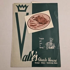 Vintage Valles Steak House Menu Famous 1950s Portland Maine Restaurant