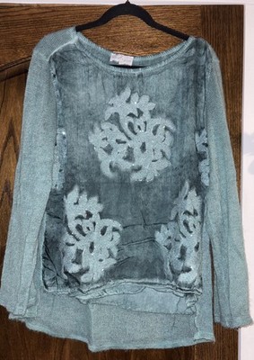 Belle France XL Green Silk Blend Sequin Boho Italy  cut into Hi-Lo Top Upcycle