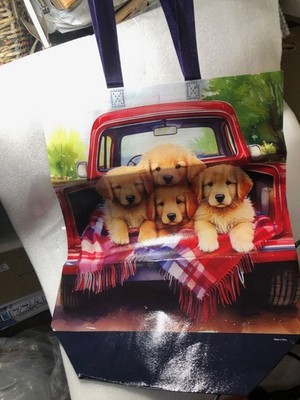 Economic reusable plastic bag w/4 puppies on both sides handles 14''Lx13''Wx6''DZ13