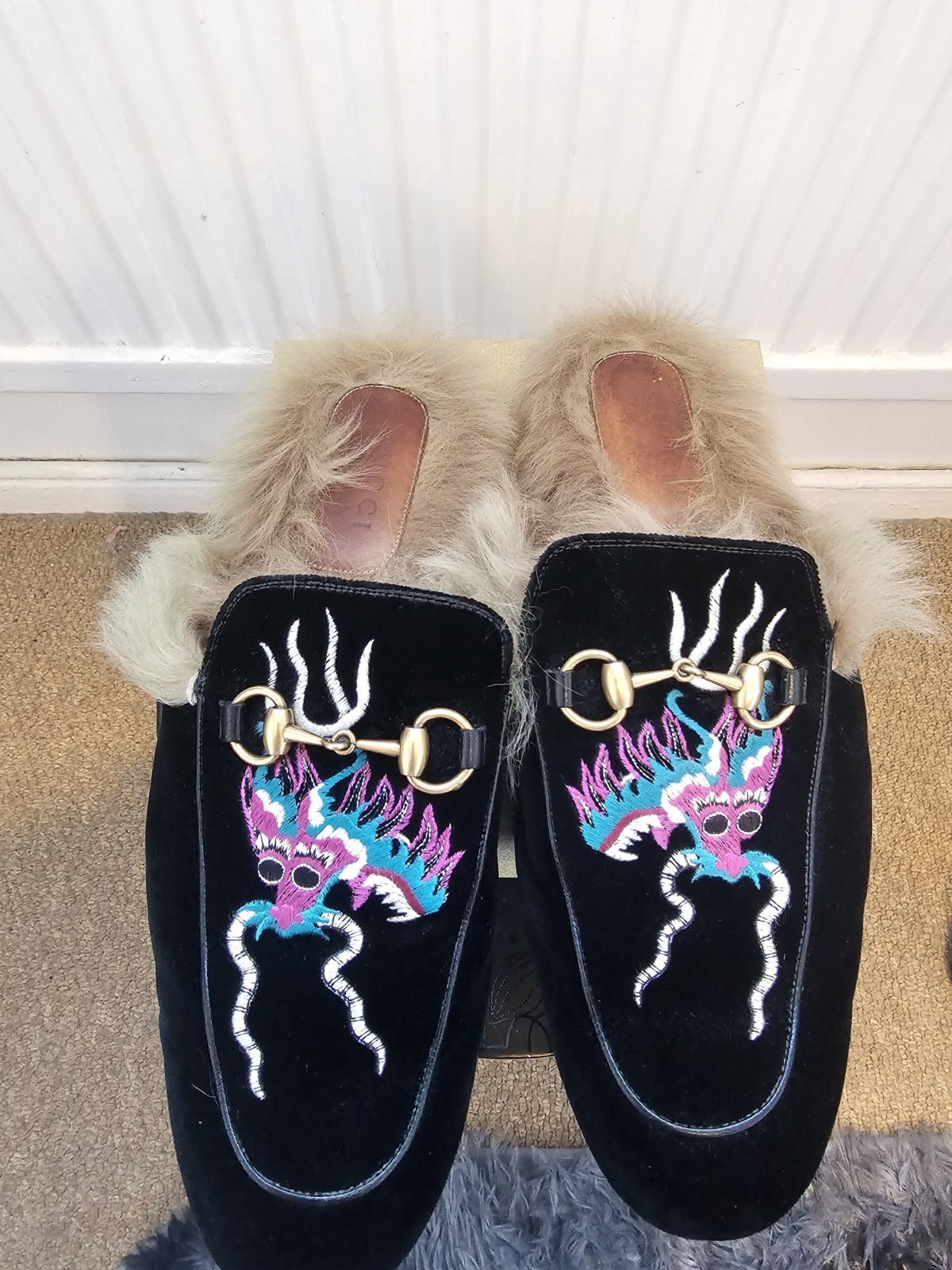 Gucci Princetown Black Dragon Velvet Mens Slipper Horsebit Loafers Fur Shoe Uk 9
