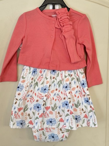 NEW CARTERS BABY GIRL 3 Piece Dress Set Headband Coral Sweater 6-9m Blue Floral