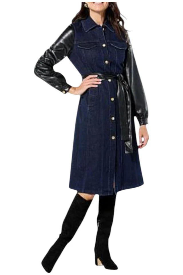 kathy Ireland Women's Fashion 360 Denim Maxi Trench Coat Dark Wash