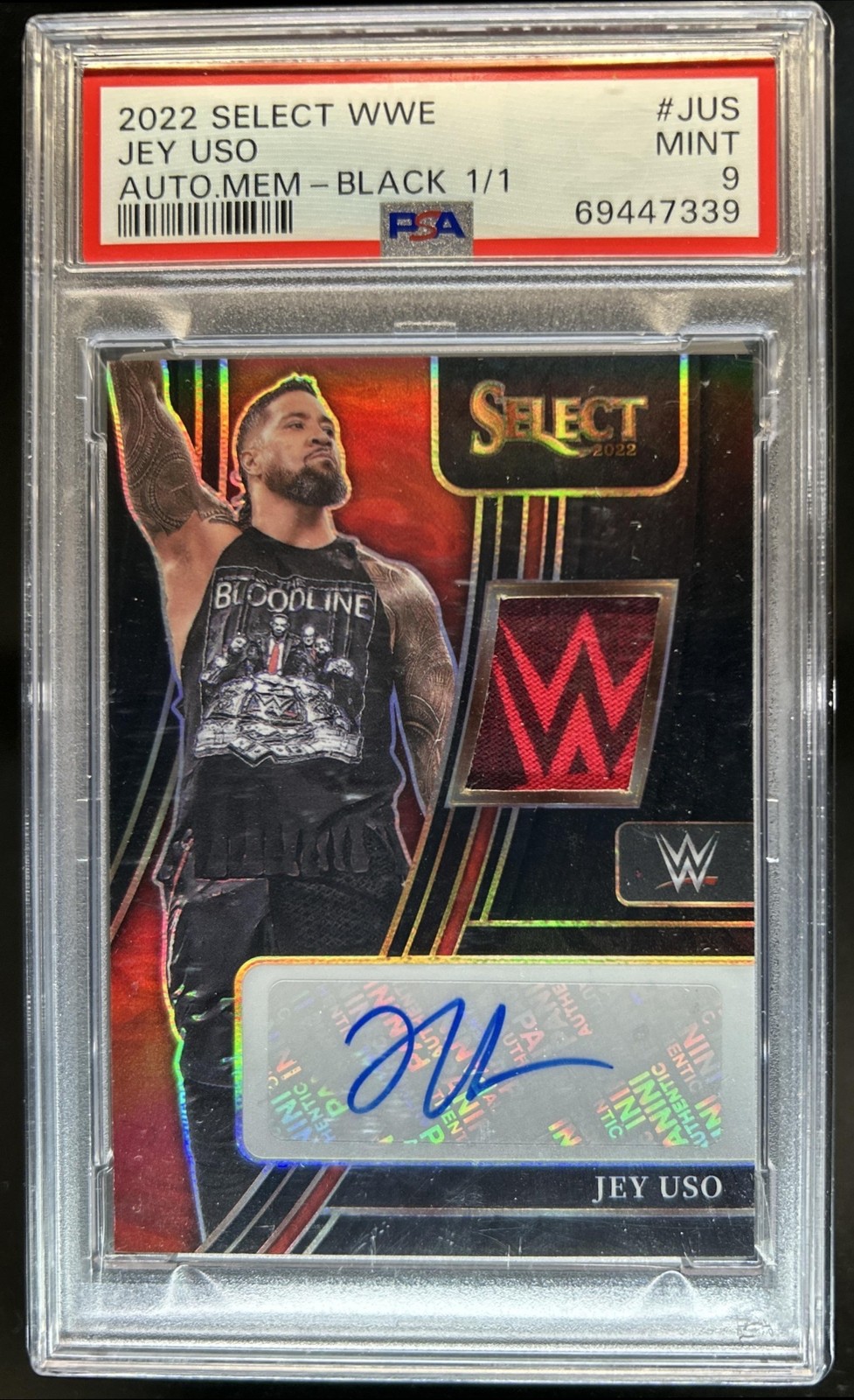 2022 Panini Select WWE Jey Uso Auto Memorabilia Black Prizm Patch #1/1 PSA 9