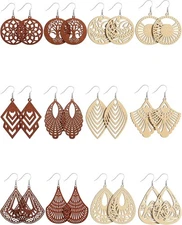 MTLEE 12 Pairs African Wooden Dangle Stylish Style, Natural Wood Color, Brown 