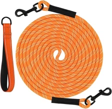 Taglory 30 FT Long Dog Training Leash w/ Padded Handle & 2 Swivel Hooks - Orange