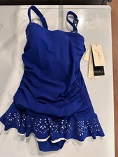 *Profile by Gottex Blue Underwire Shirred Halter One Piece Swimdress Sz 6 D Cup