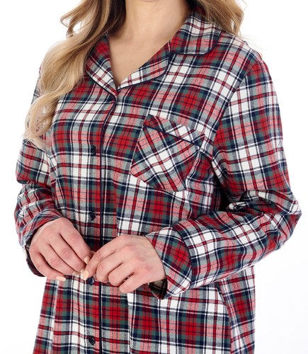 Checked Nightshirt Womens 100% Cotton Slenderella Red Tartan Button Up Nighty - Picture 4 of 12