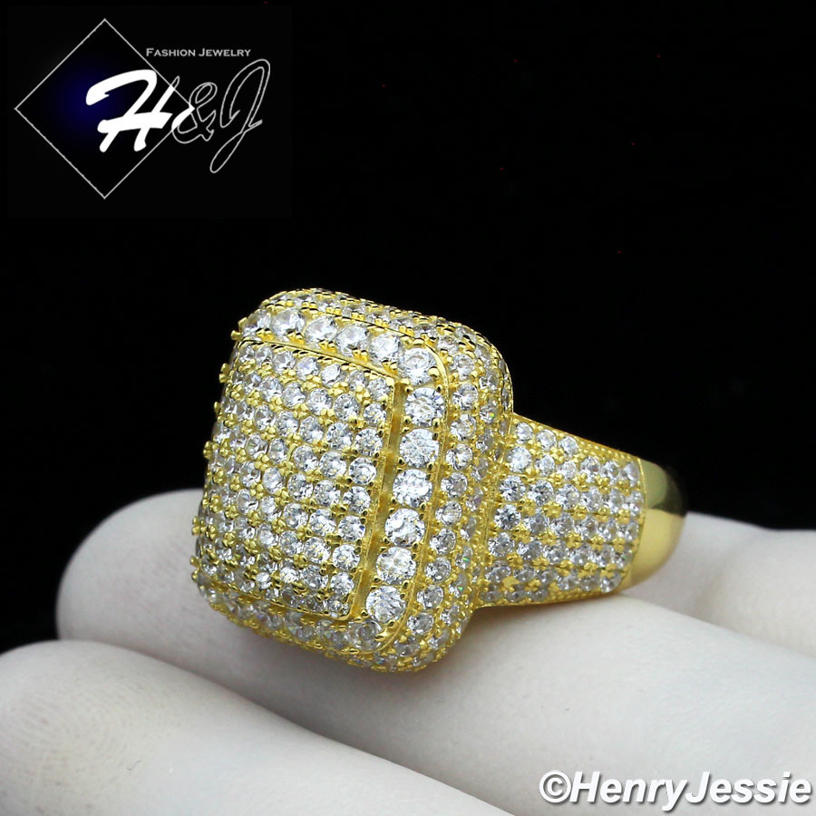 MEN WOMEN 925 STERLING SILVER ICY GOLD PLATED CUBIC ZIRCONIA RECTANGE ...