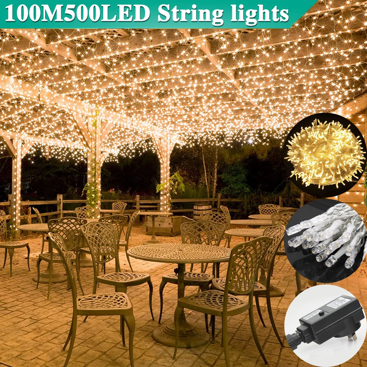 100M 500LED Warm White Waterproof Fairy String Lights Wedding Party Garden  Decor