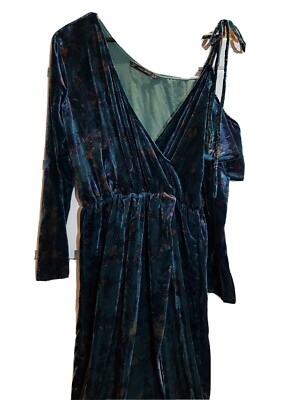 ZARA Floral Ruffle Wrap Velvet Off-Shoulder Midi Dress Green Sz M UK