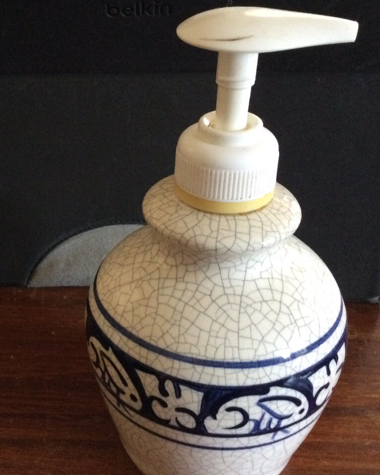 Dedham Rabbit Potting Shed Art Pottery Vase Blue Crackle Soap Dispenser