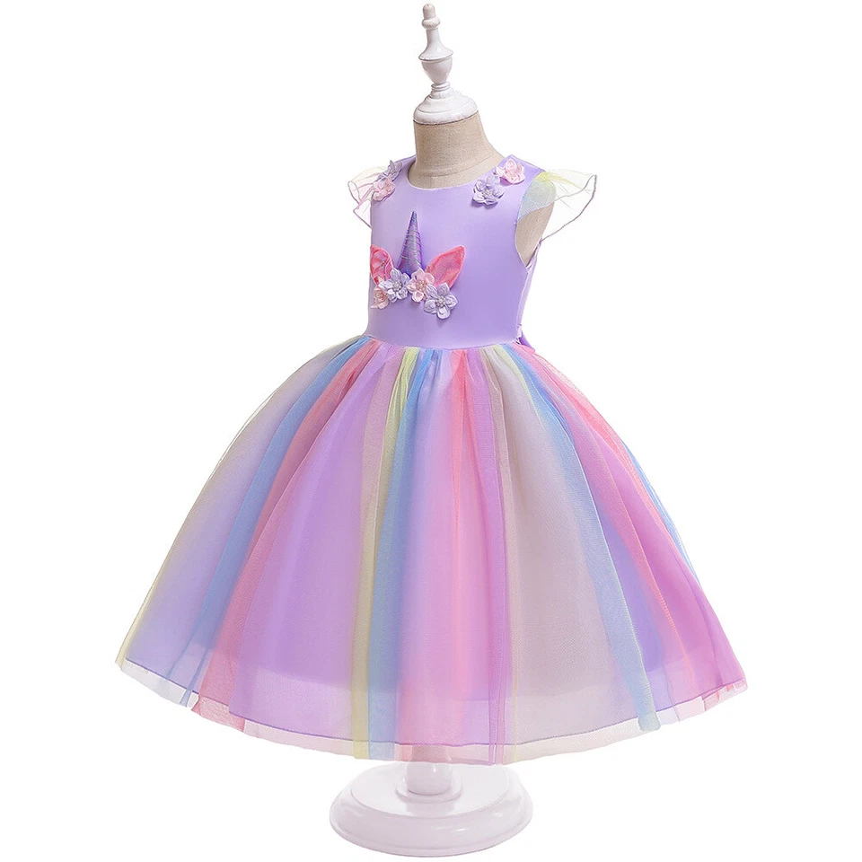 Rainbow Unicorn Girl Dress Party Flower Lace Long Tutu Formal Princess Dresses - Image 2 of 4
