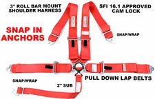 SFI 16.1 RACING HARNESS SNAP IN 5 POINT 3" CAM LOCK RED RACERDIRECT
