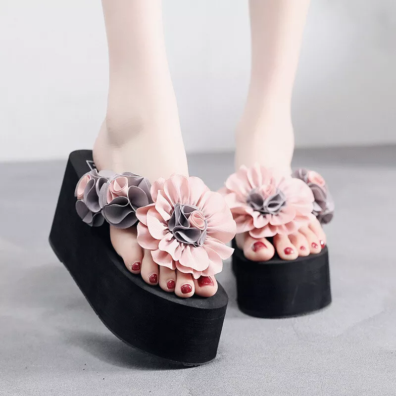 Muestra Juntar Conjugado Women's Flowers Beach Sandals High Wedge Heel Slippers Platform Flip Flops  Shoes | eBay