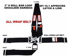 RACERDIRECT LOOP OVER ROLL BAR 3" RACE HARNESS 5 POINT SFI 16.1 LATCH & LINK