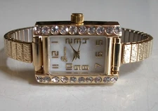 Woman Number Dial Rhinestone Stretch Band Gold Finish Fashion Dressy Watch