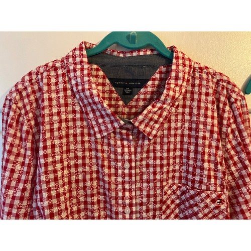 NWT Tommy Hilfiger Red White Check Floral Button Down Blouse, Size XXL, Cotton - Picture 3 of 10