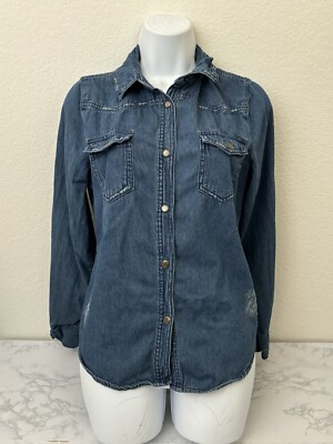 Miley Cyrus Max Azria Blue Denim  Metal Snap Up Shirt Womens L Distressed Z1