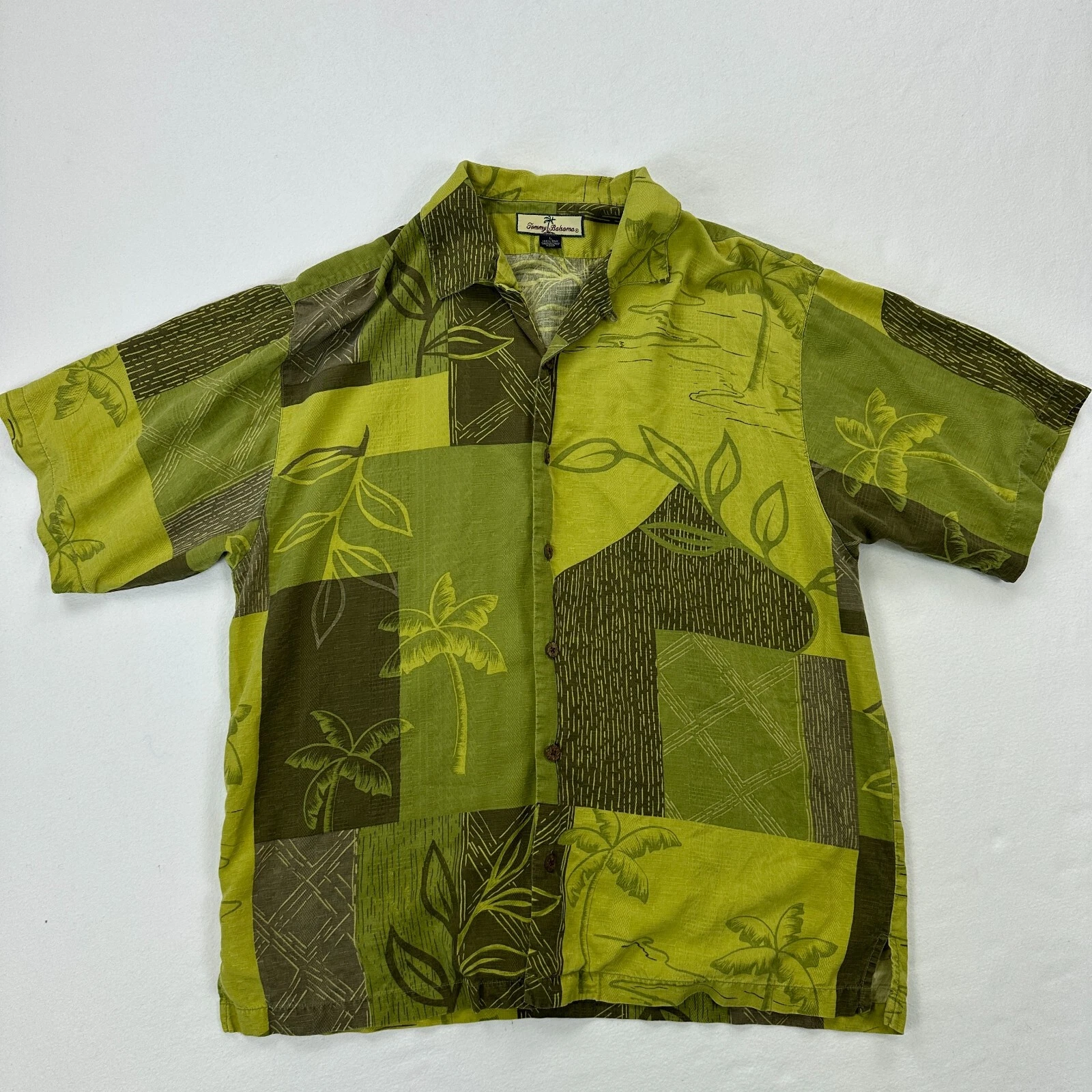 Tommy Bahama Silk shirt mens Large green button down Hawaiian beach Tropical