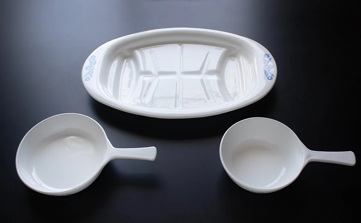 3 Pc Corning Blue Cornflower Saucepan Skillet Meat Fish Platter Bowl Vintage
