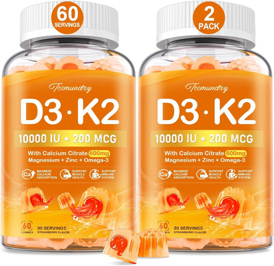 Vitamin D3 K2 5000IU / 10000 IU Gummies for Adults - K2 D3 Vitamin Supplement wi