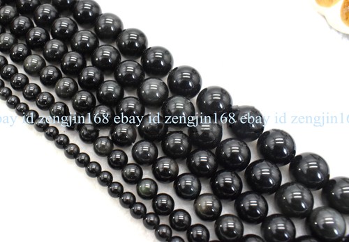 Genuine 6mm-20mm Natural Black Obsidian Round Gemstone Loose Beads 15" Strand - Picture 6 of 12
