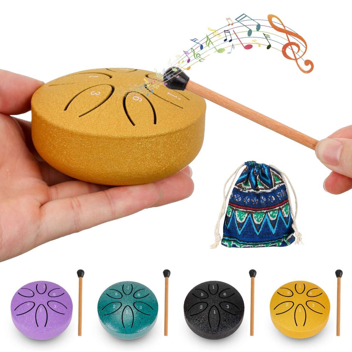 Rain Drum Jardin Acier 3 Pouces 6 Notes - Instrument De Musique Méditation Extérieur Étanché - Mini Handpan Noir