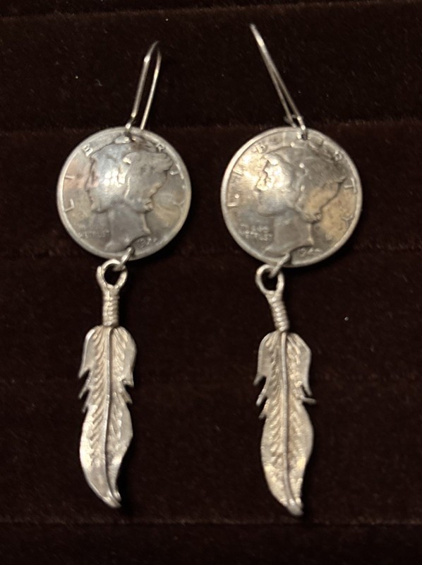  Vintage Native American Mercury Dime Dangle Earrings 