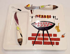 BBQ Grill Themed 10" x 8 Ceramic Cheese Server w/2 Knives Vtg MCM 1940s to 1960s