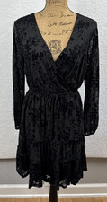 Womens Black Velvet Burnout Midi Dress Ruffles Tiered Dark Fairy Whimsigoth 8