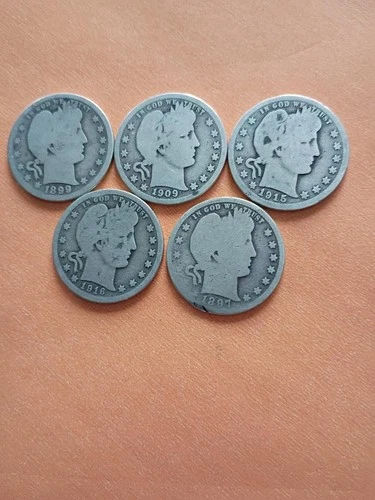 Barber Quarter Lot of 5 circulated- 90% silver 1897 ,1899O, 1909D, 1915D, 1916D