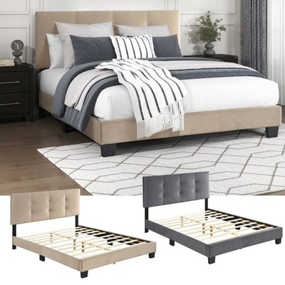 Twin Full Queen Platform Bed Velvet Upholstered Bed Frame w/Adjustable Headboard