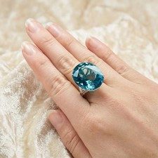 Glamorous Sea Blue Aquamarine Oval 24.10Ct 925 Sterling Silver Handmade Ring