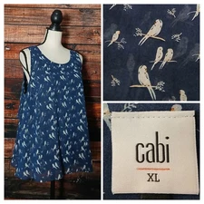 Cabi Top XL Navy Blue Bird Print Double Layered Zip Back Flowy Tank