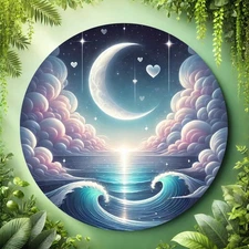 1pc 8-Inch Round Aluminum Wall Art Sign - Fantasy Starry Night Sky with Crescent