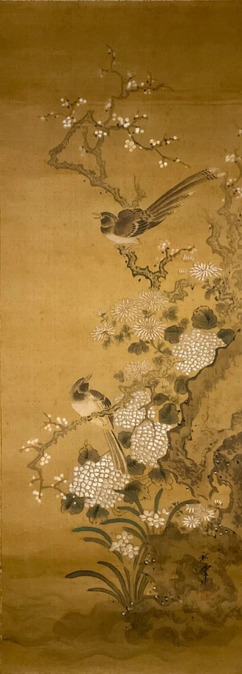 Antique 19th C. Japanese Ink & Color Painting "Birds & Flowers" By Okamoto Shuki - Image 2 of 4