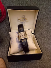 Rotary Womens Rectangular Quartz Watch Black Leather Strap Date Box