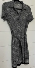 Belted Short Sleeve Shirt Dress Small Geometric Print Max Studio Stretch 