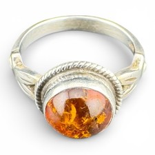 Beautiful 925 Silver  Bezel Set Baltic Honey Amber Stone Ring  Size 8.25