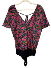 Ee:some Floral Bodysuit Size Large Puff Sleeve Tie Back Pink Black Bohemian Chic