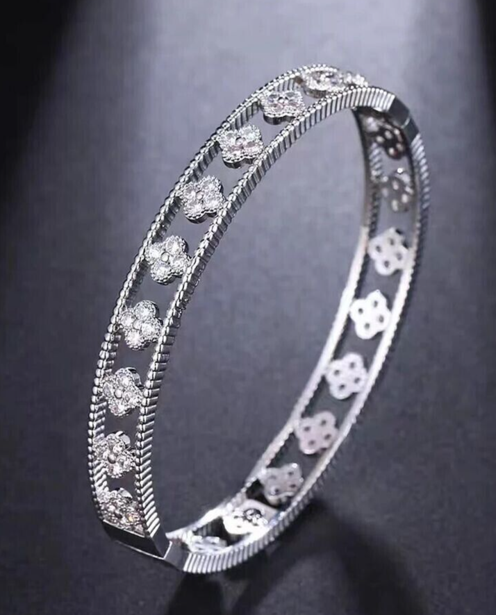 Moissanite Set Four Clover Leaf Bangle Bracelet in 14K White Gold  Plated