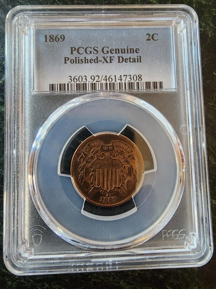 US 2 CENT 1869 COIN PCGS GENUINE POL. XF, PLUS 4 PCS 64 SILVER KENNEDY $ 1/2 UNC - Image 3 of 4