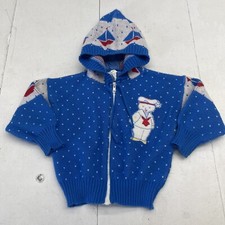 Vintage Sears Blue Knit Sailing Sail Boat Printed Hooded Jacket Youth Boys 4