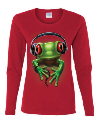 DJ Frog with Headphones Women's Long Sleeve Tee Cute Animal Music Wildlife Rock