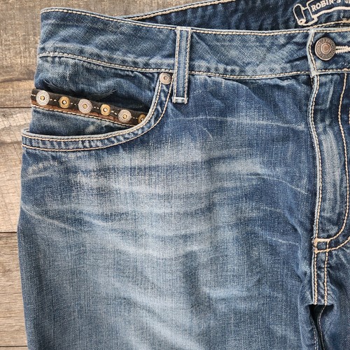 Robins Jeans Denin Herren 42x31 Nieten Leder Biker blau distressed bestickt - Bild 5 von 14