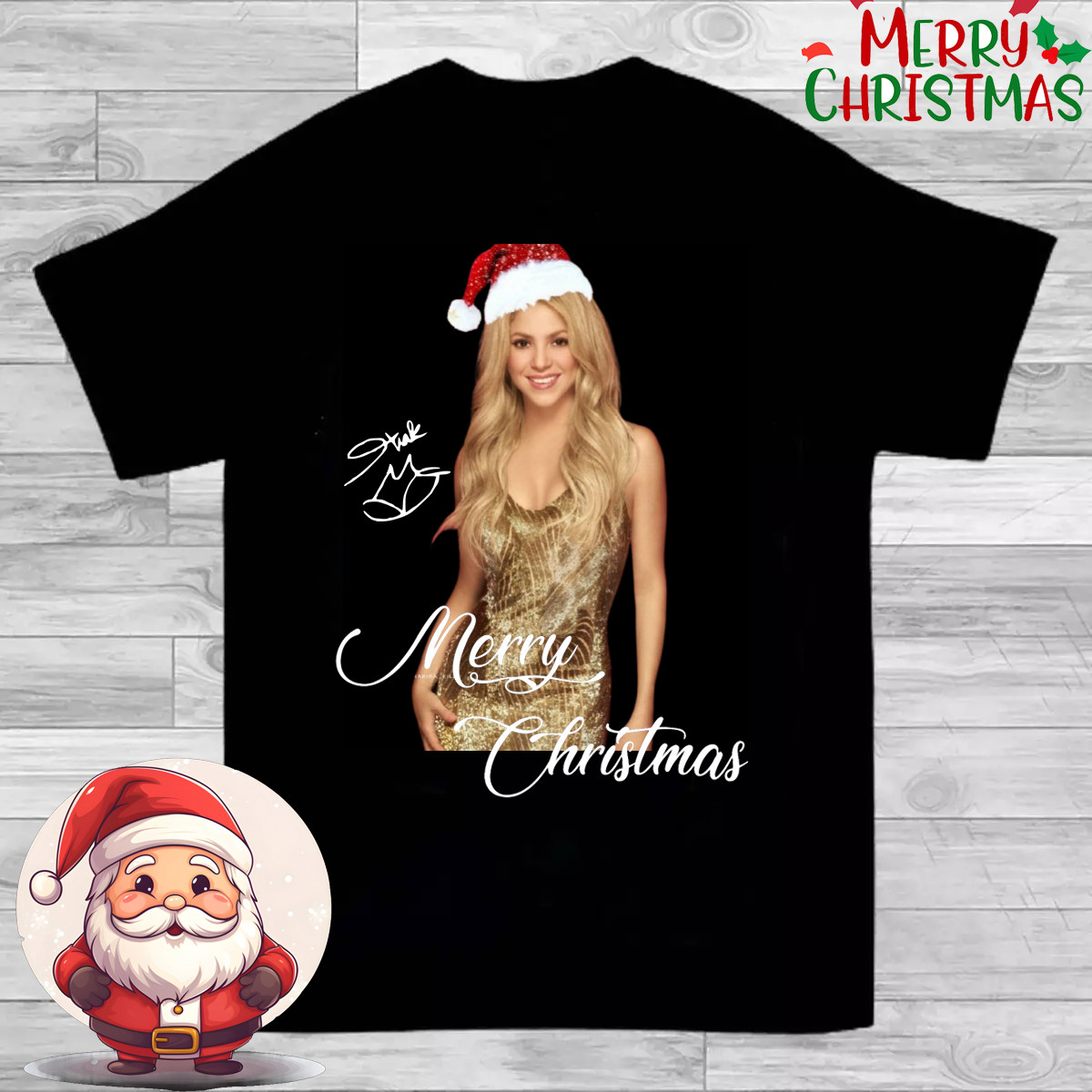trend Merry Christmas Shakira Signature Full Size Cotton Black T-Shirt PP1370